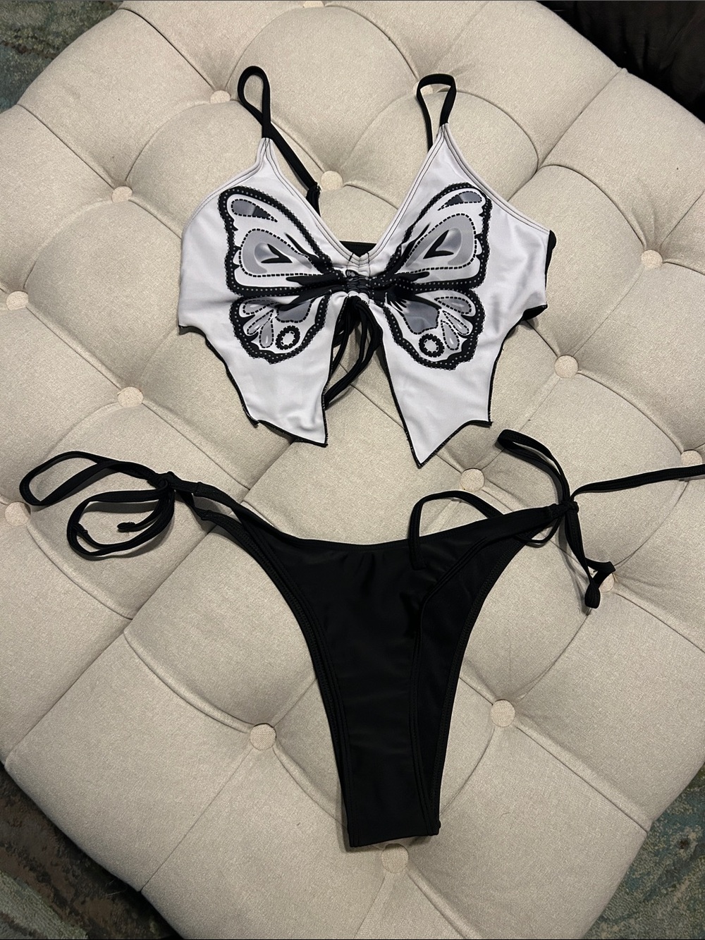 Black & White Butterfly Tie-Front Bikini Set - Women's Swim